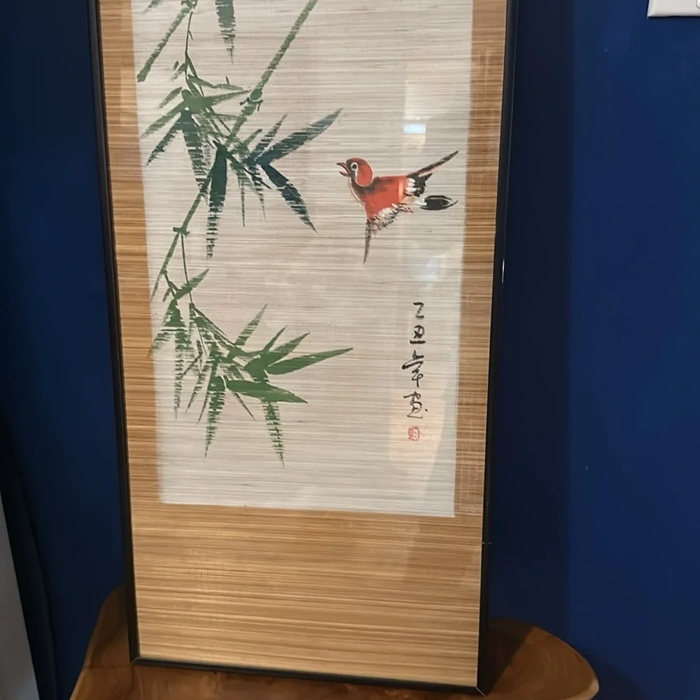 Vintage Framed Chinese Hand Painted Watercolor Bamboo & Birds Scroll Art